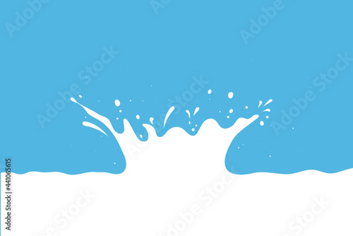 Milk splash vector background, yogurt drops on blue texture. White liquid wave, cream dairy product concept. Milky crown. Abstract illustration