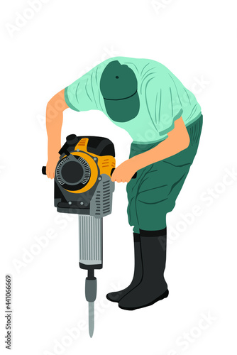 Construction worker electric drill illustration.
Drilling concrete driveway jackhammer ground in construction area. Man repairing road surface on duty machine. mason drilling cement concrete. sidewalk