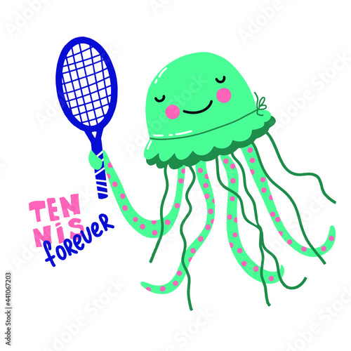 The cutest jellyfish playing on tennis. Vector art, cartoon style with hand drawn lettering