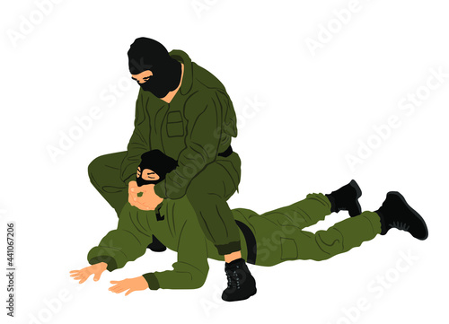 Soldier special force member skill presentation against terrorist enemy vector illustration isolated on white background. Man fighting against aggressor on ground. Combat for life,  Policeman arrest