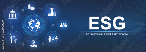 Banner ESG - Environmental, Social and Corporate Governance. Info banner calling to remember the involvement of this company in solving environmental, social and management problems with icons. Vector