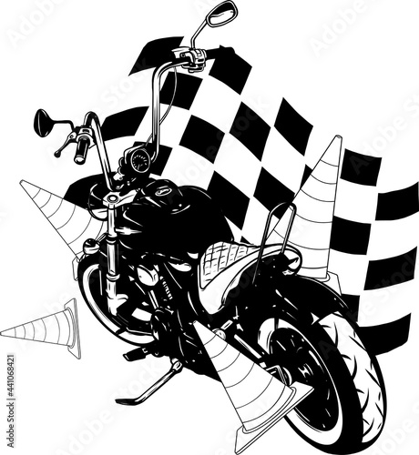 Old vintage black bobber bike with race flag