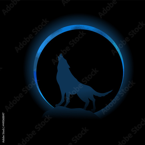 Wolf howling at the moon on a black background. shining moon . T-shirt printing. Vector illustration
