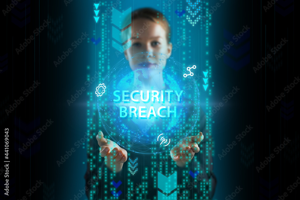 Business, Technology, Internet and network concept. Young businessman working on a virtual screen of the future and sees the inscription: Security breach Business, Technology, Internet and network concept. Young businessman working on a virtual screen of the future and sees the inscription: Security breach