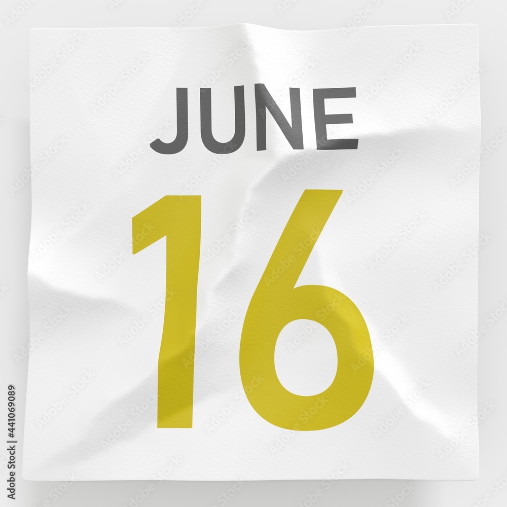 June 16 date on crumpled paper page of a calendar, 3d rendering June 16 date on crumpled paper page of a calendar, 3d rendering