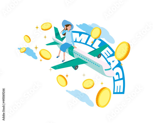 飛行機搭乗とマイレージのイメージイラスト