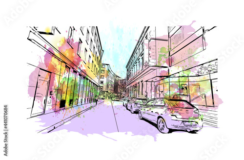 Building view with landmark of Gelsenkirchen is a city in western Germany. Watercolor splash with hand drawn sketch illustration in vector.