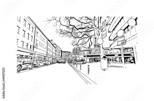 Building view with landmark of Gelsenkirchen is a city in western Germany. Hand drawn sketch illustration in vector.