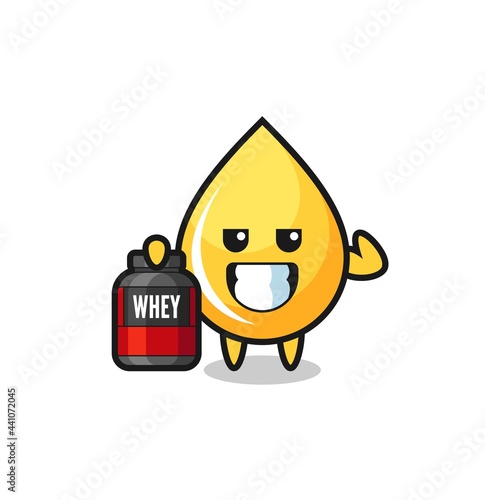 the muscular honey drop character is holding a protein supplement