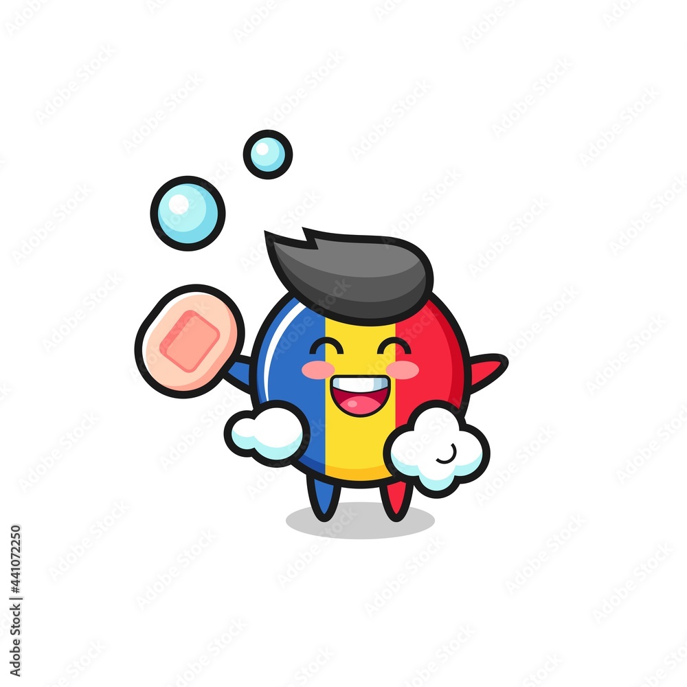 romania flag badge character is bathing while holding soap