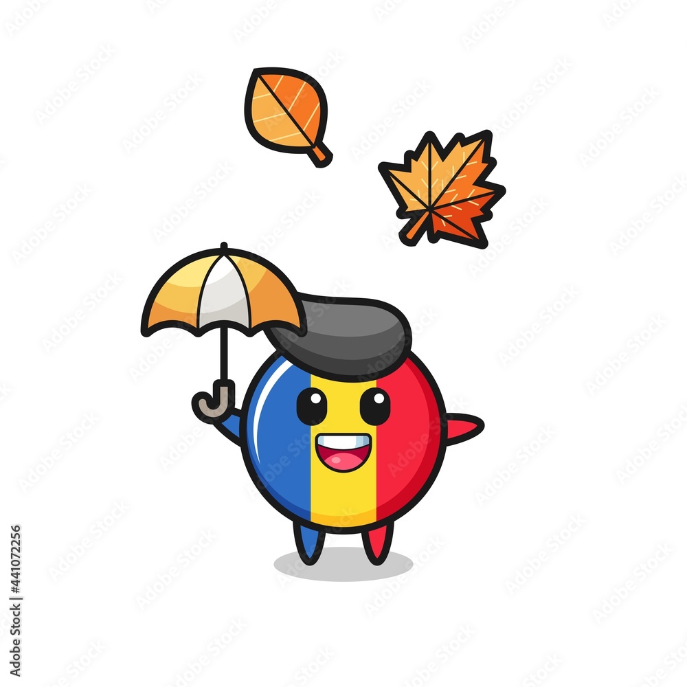 Obraz premium cartoon of the cute romania flag badge holding an umbrella in autumn
