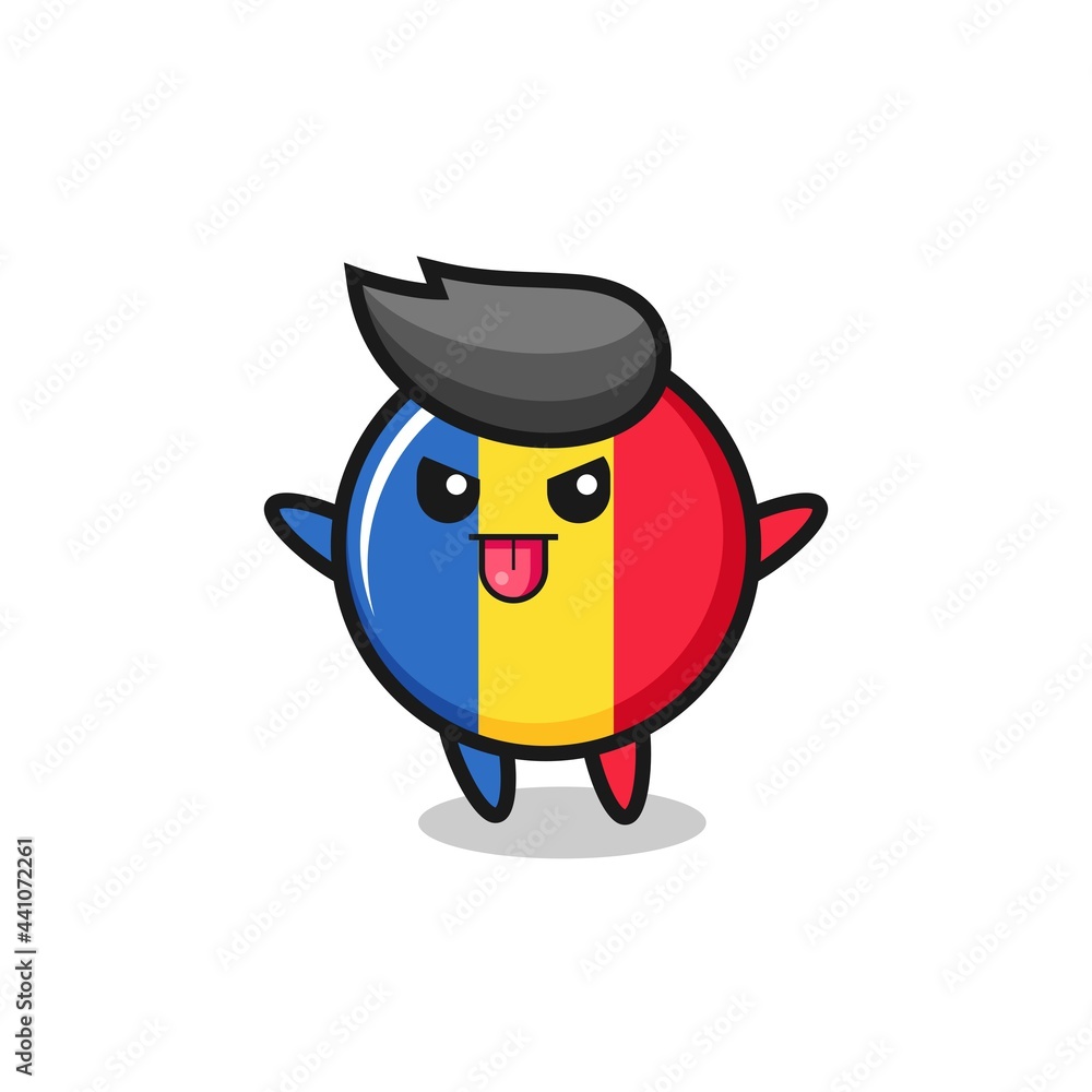 naughty romania flag badge character in mocking pose