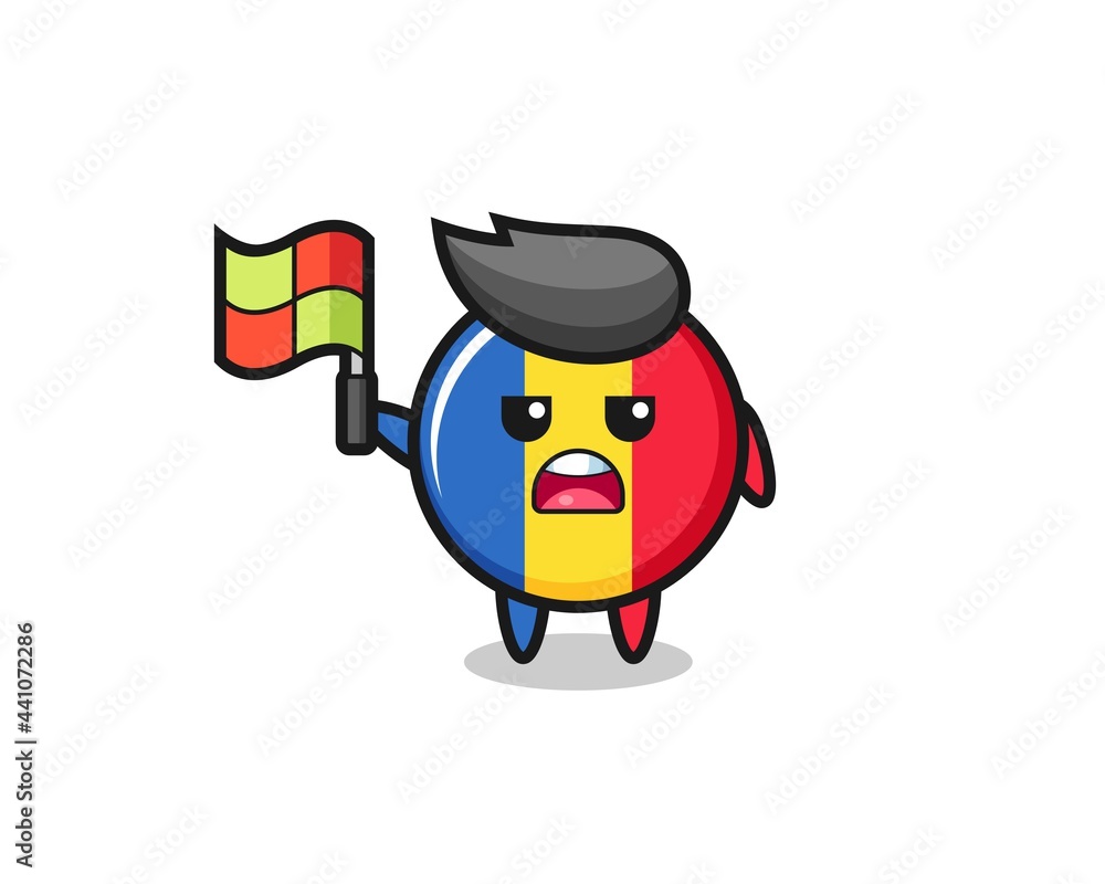 romania flag badge character as line judge putting the flag up