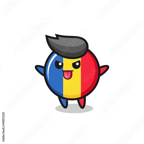 naughty romania flag badge character in mocking pose