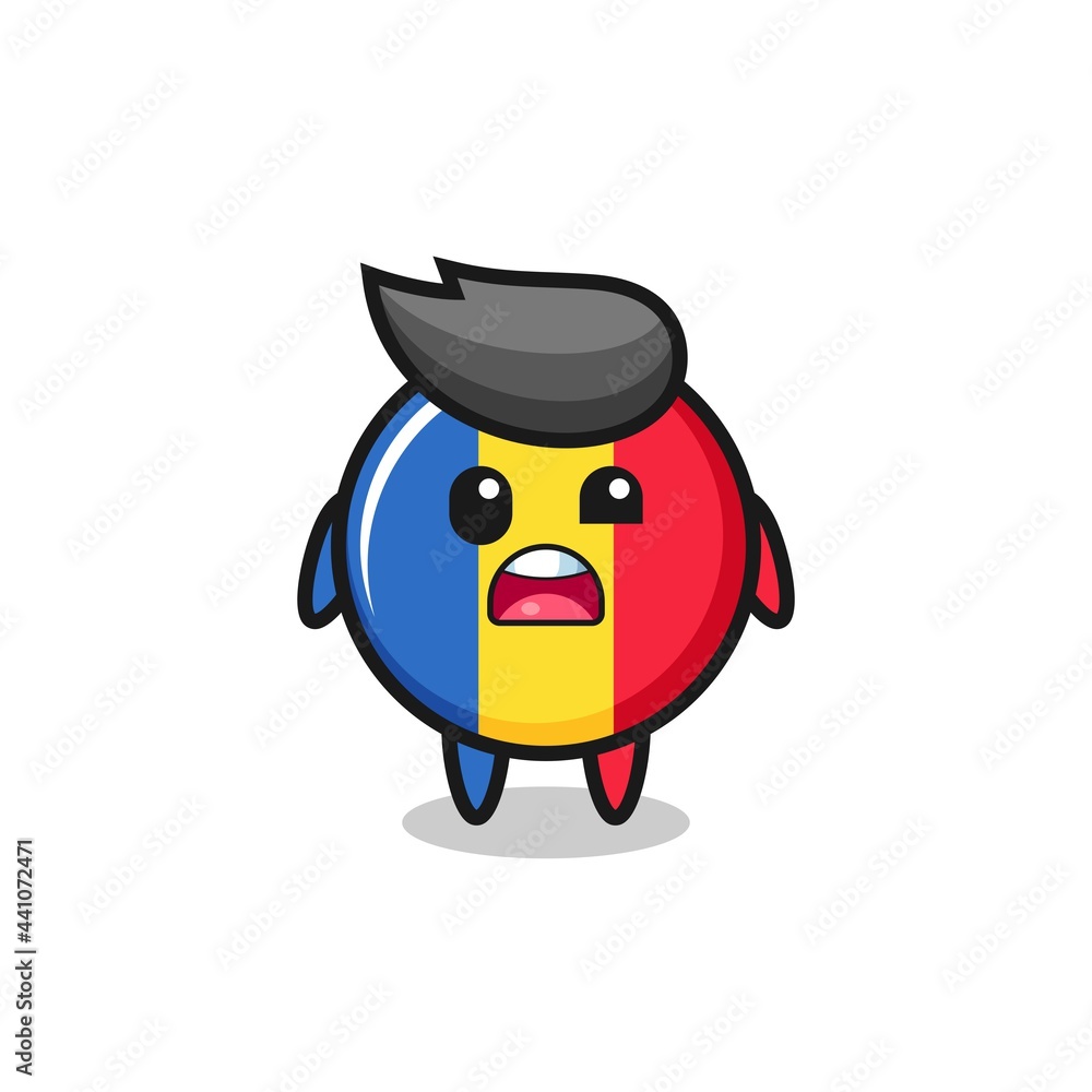 the shocked face of the cute romania flag badge mascot