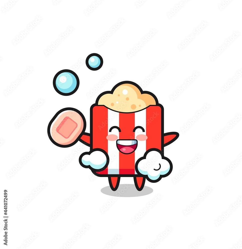 popcorn character is bathing while holding soap