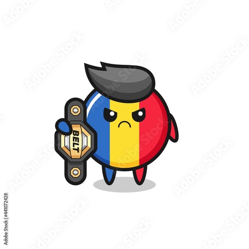 romania flag badge mascot character as a MMA fighter with the champion belt