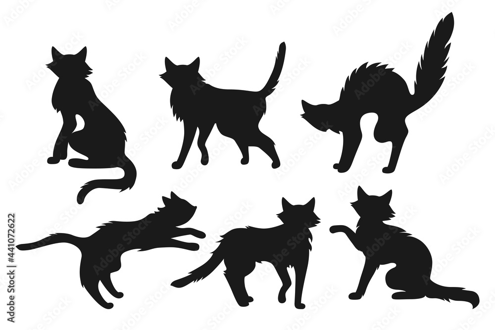 Cat Halloween horror black silhouette set. Creepy thin kitten, cute or scary wicked, old cats cartoon collection. Funny playing character pet kitty design. Vector illustration