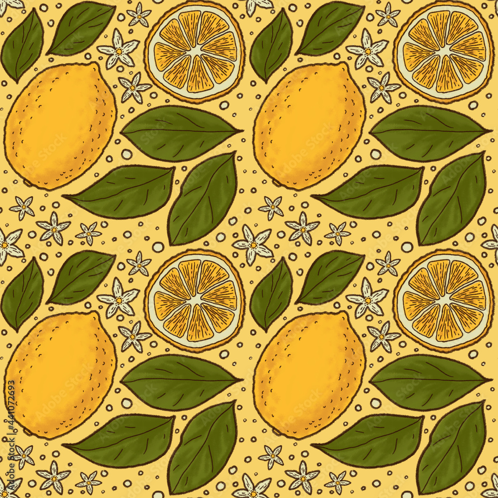 Lemons pattern Hand drawn fruit illustration Summer citrus Whole cut in half sliced on pieces lemons