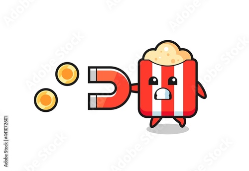 the character of popcorn hold a magnet to catch the gold coins