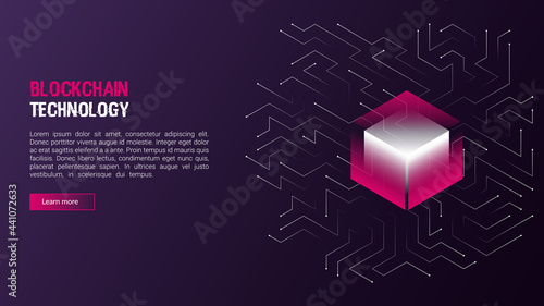 Blockchain technology concept, cryptocurrency. Working with tokens on the Internet, security. Futuristic background with elements in techno style microchips. Design banner template for web. Copyspace.