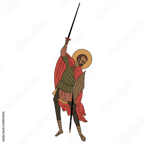 Medieval saint warrior man holding sword. Orthodox Christian male character.