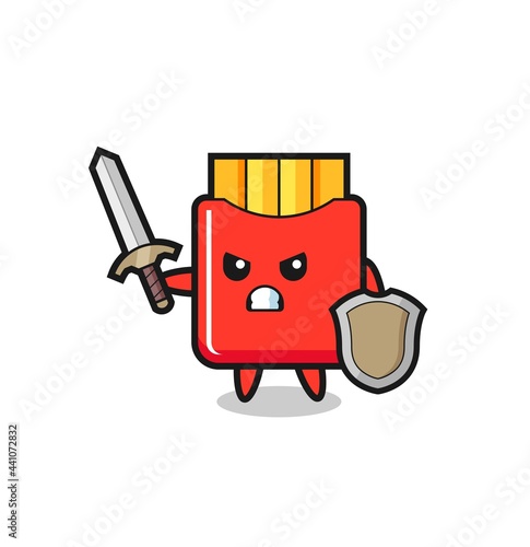 cute french fries soldier fighting with sword and shield