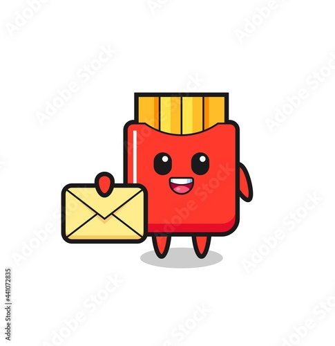 cartoon illustration of french fries holding a yellow letter