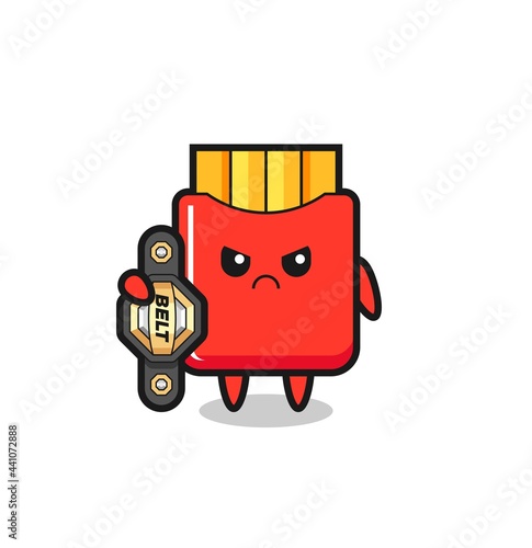 french fries mascot character as a MMA fighter with the champion belt
