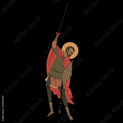Medieval saint warrior man holding sword. Orthodox Christian male character. On black background.