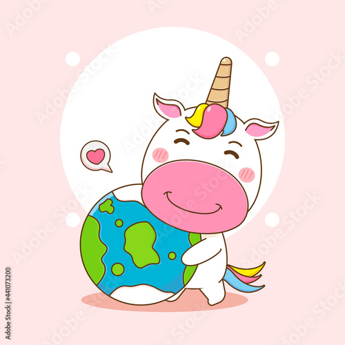 Cute unicorn character holding the earth. Cartoon design illustration