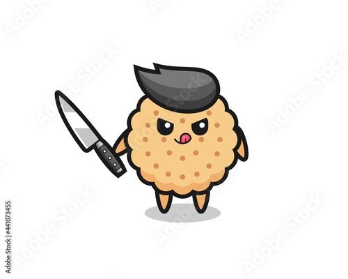 cute round biscuits mascot as a psychopath holding a knife
