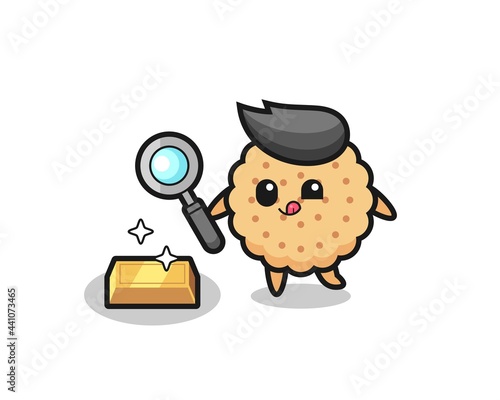 round biscuits character is checking the authenticity of the gold bullion