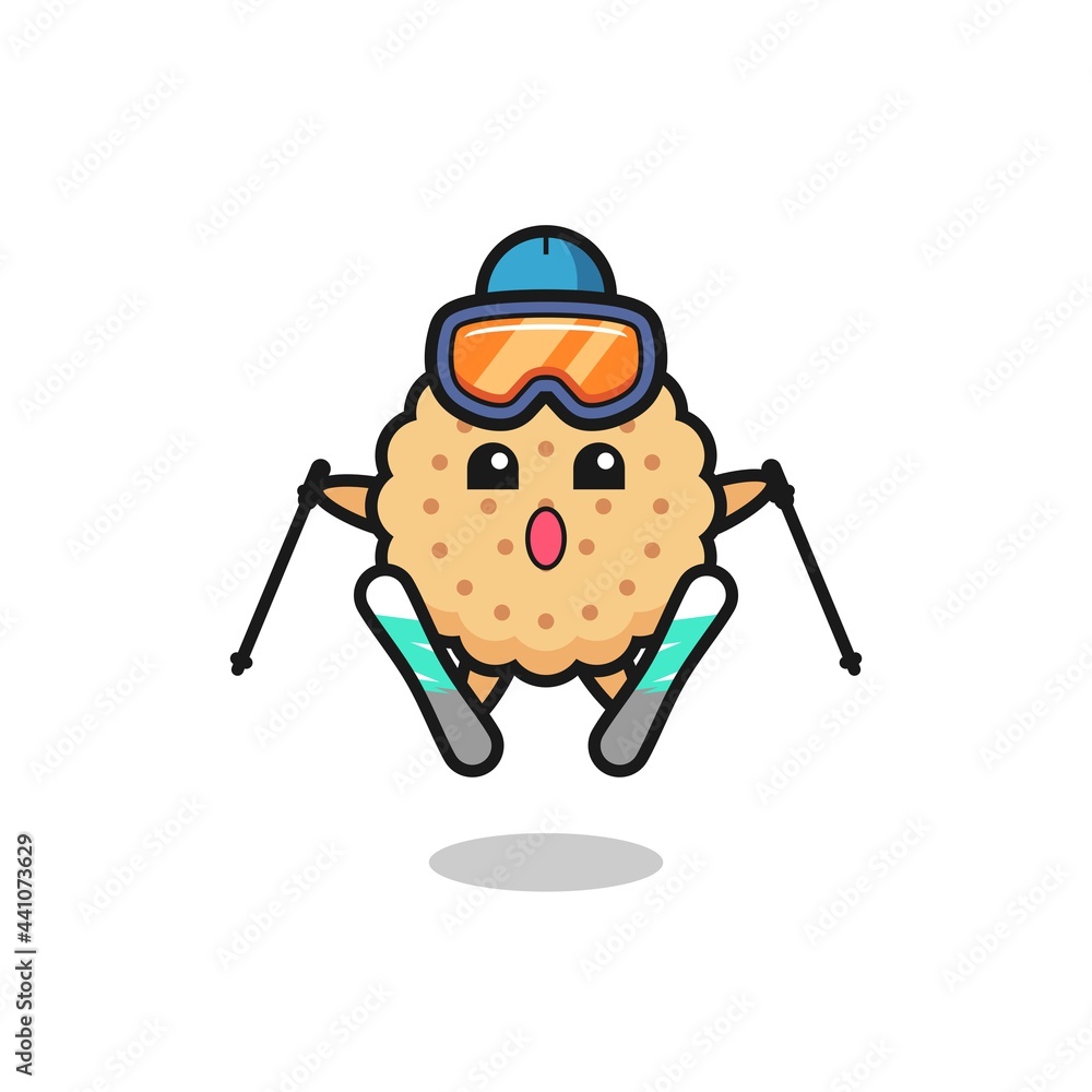 round biscuits mascot character as a ski player
