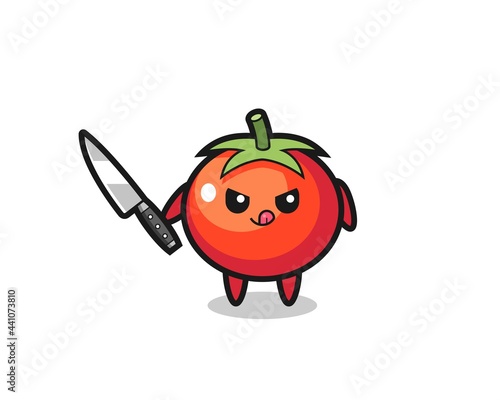cute tomatoes mascot as a psychopath holding a knife