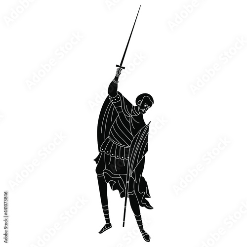 Medieval warrior man holding sword in raised arm. Orthodox Christian male character. Black and white negative silhouette.
