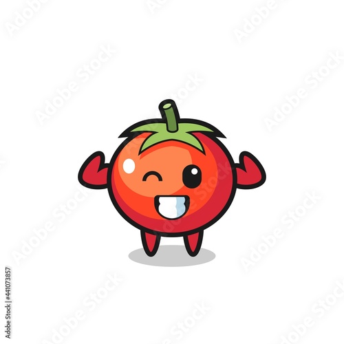 the muscular tomatoes character is posing showing his muscles
