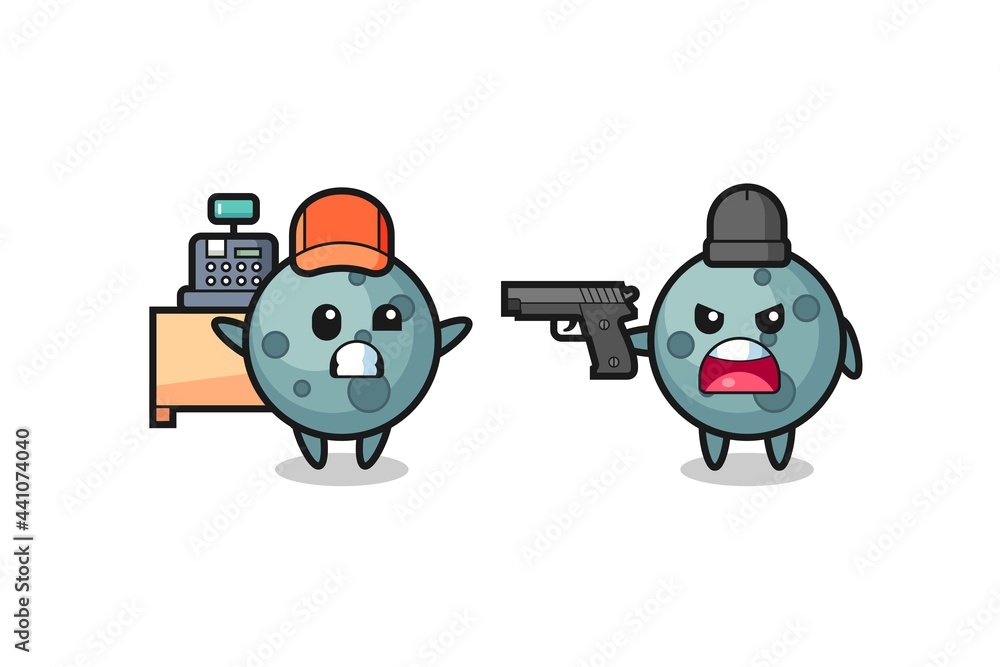 illustration of the cute asteroid as a cashier is pointed a gun by a robber illustration of the cute asteroid as a cashier is pointed a gun by a robber