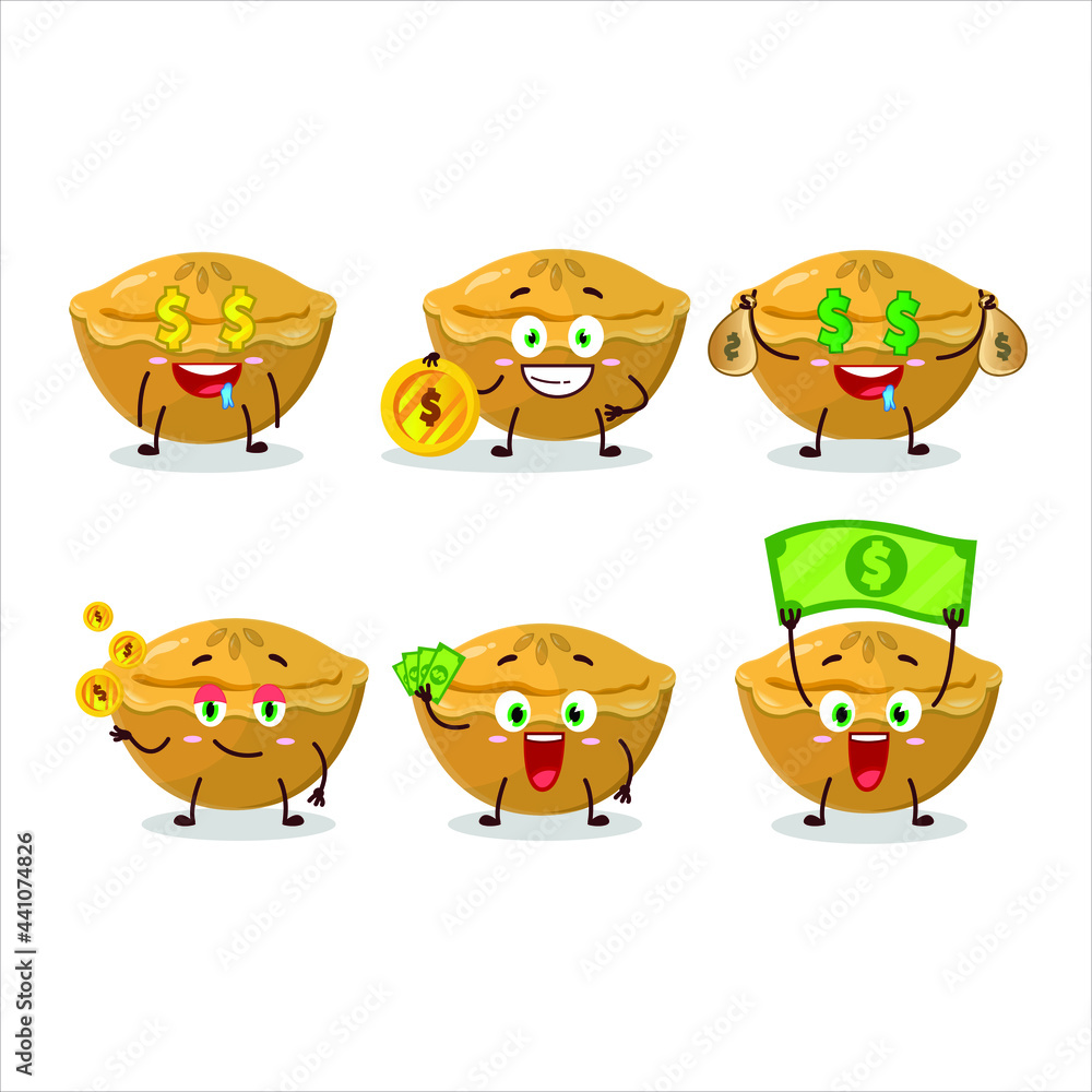 Pie cake cartoon character with cute emoticon bring money. Vector illustration