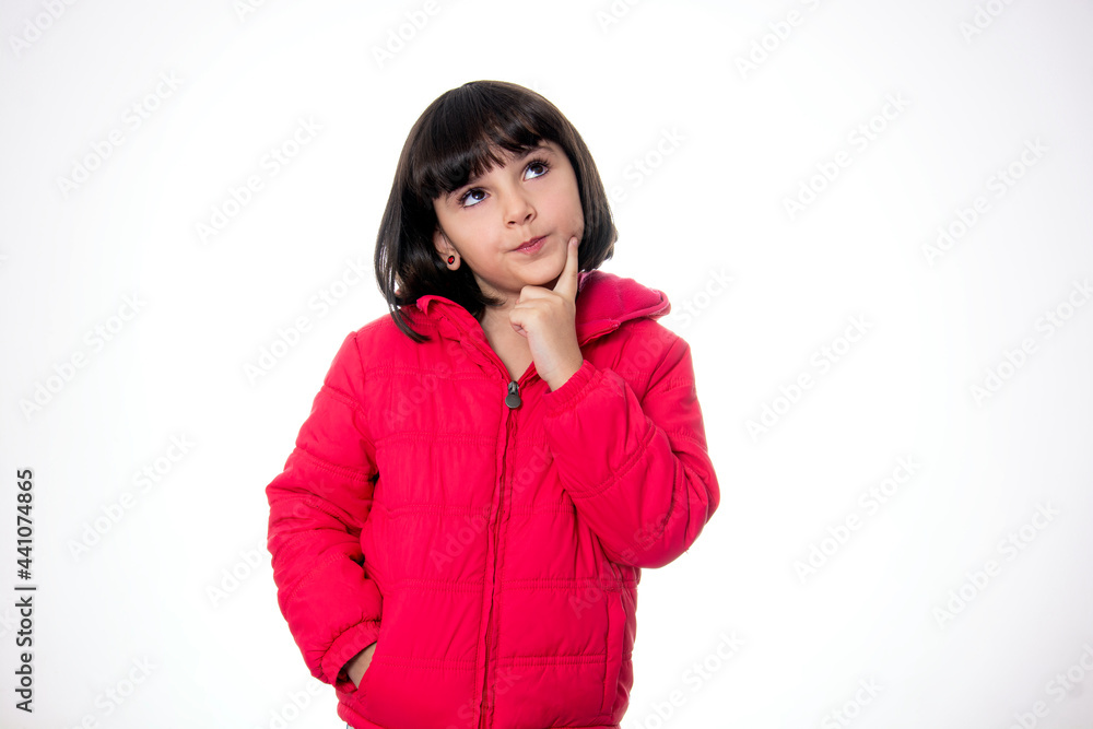 girl wearing red thinking on white background girl wearing red thinking on white background