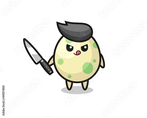 cute spotted egg mascot as a psychopath holding a knife