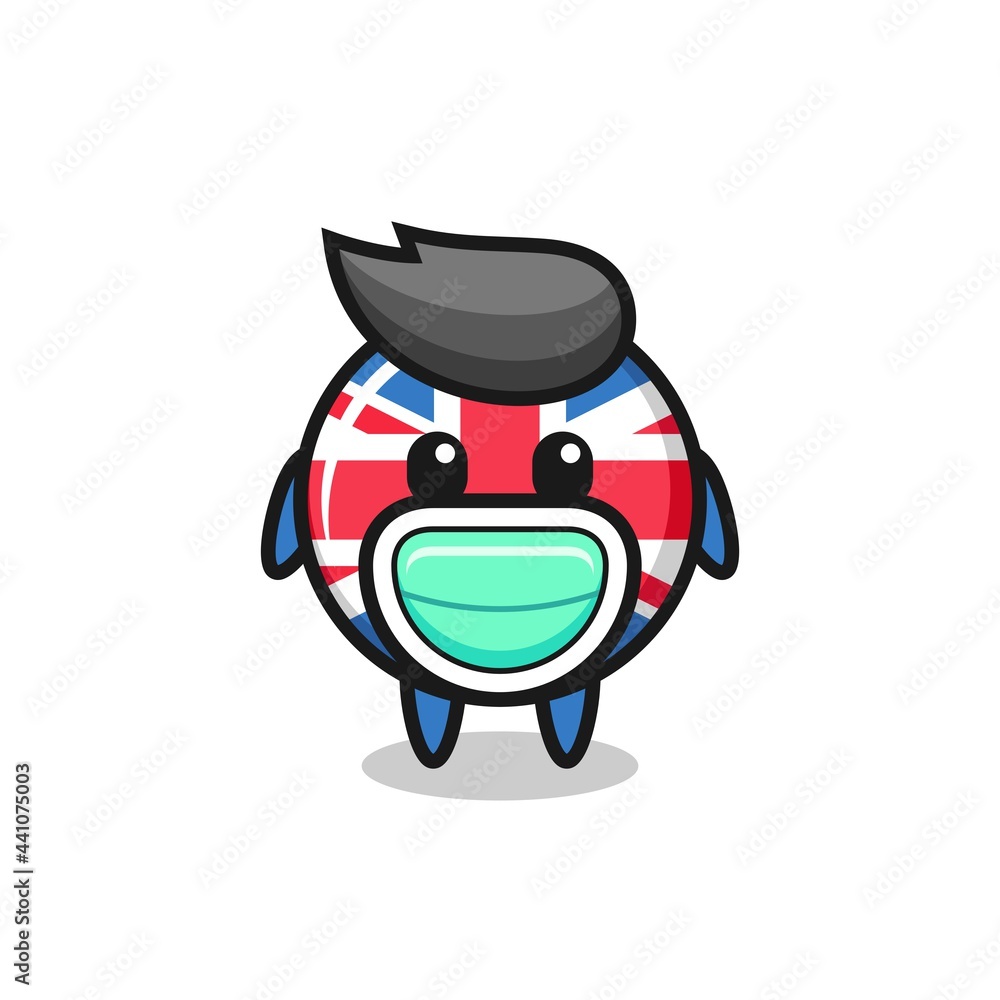 cute united kingdom flag badge cartoon wearing a mask