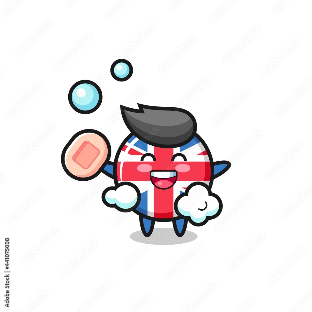 united kingdom flag badge character is bathing while holding soap united kingdom flag badge character is bathing while holding soap