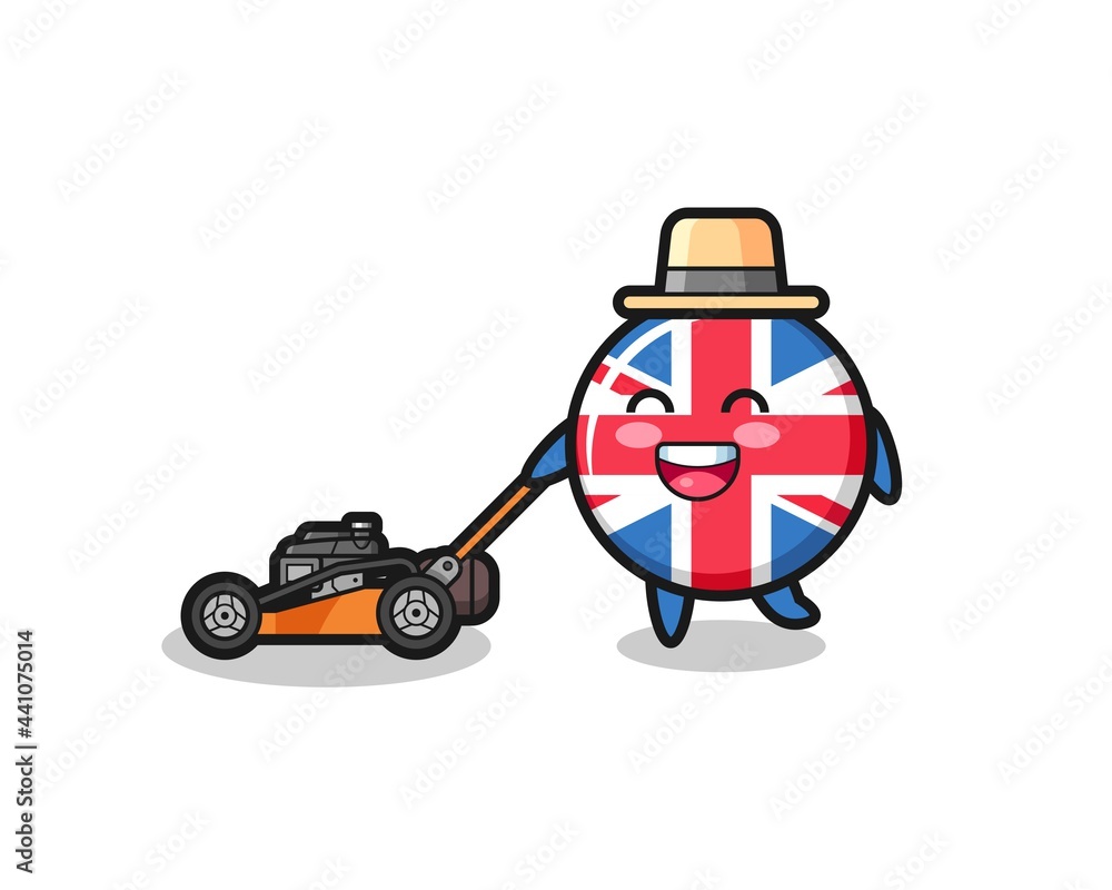 illustration of the united kingdom flag badge character using lawn mower