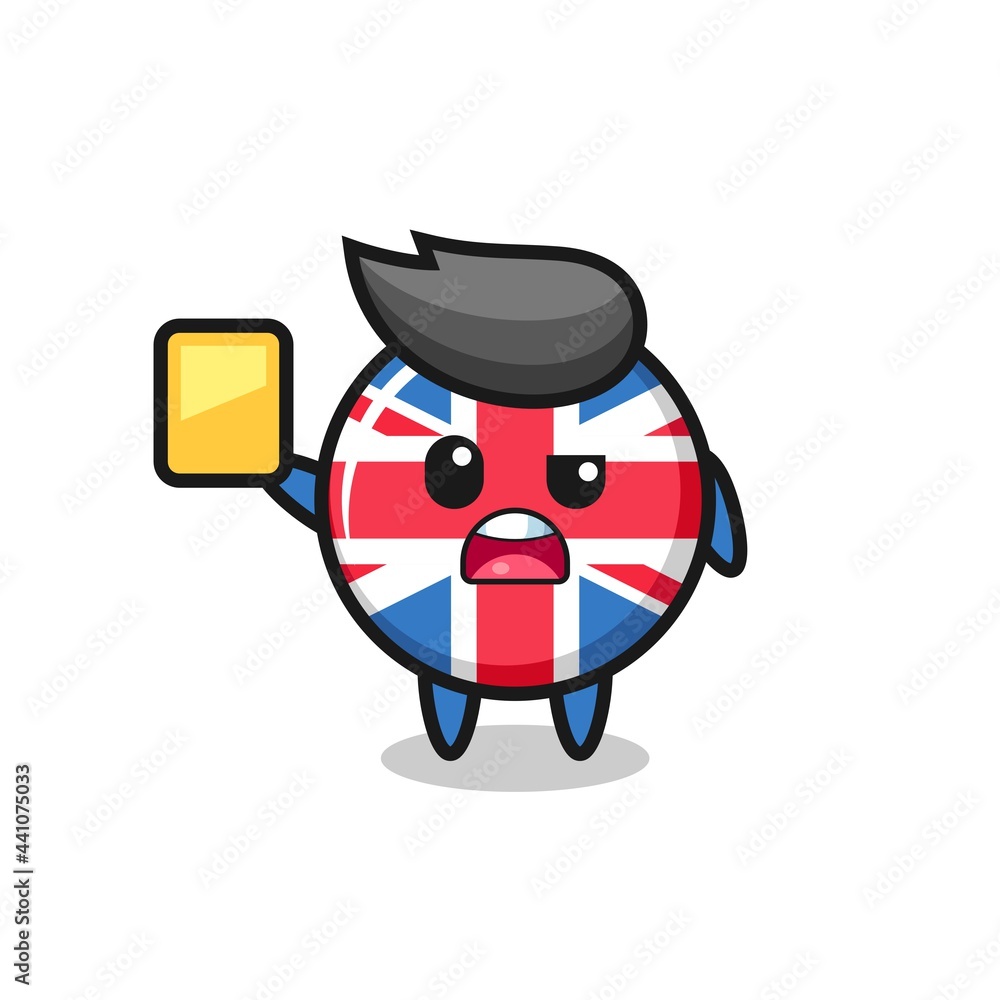 cartoon united kingdom flag badge character as a football referee giving a yellow card