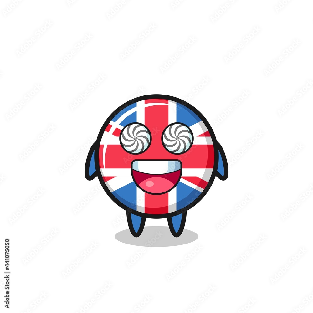 cute united kingdom flag badge character with hypnotized eyes cute united kingdom flag badge character with hypnotized eyes