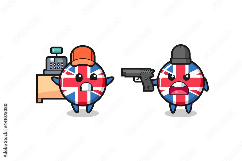 illustration of the cute united kingdom flag badge as a cashier is pointed a gun by a robber