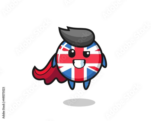 the cute united kingdom flag badge character as a flying superhero