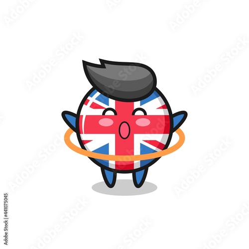 cute united kingdom flag badge cartoon is playing hula hoop