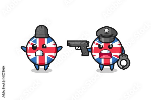 illustration of united kingdom flag badge robber with hands up pose caught by police